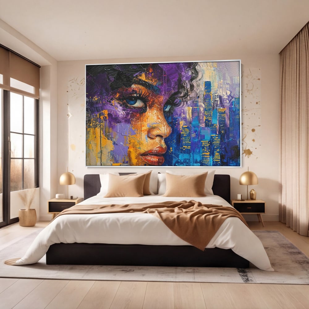 Tablou canvas cu pictura digitala cu profil de femeie, in rama de aluminiu argintiu, pe perete intr-un dormitor